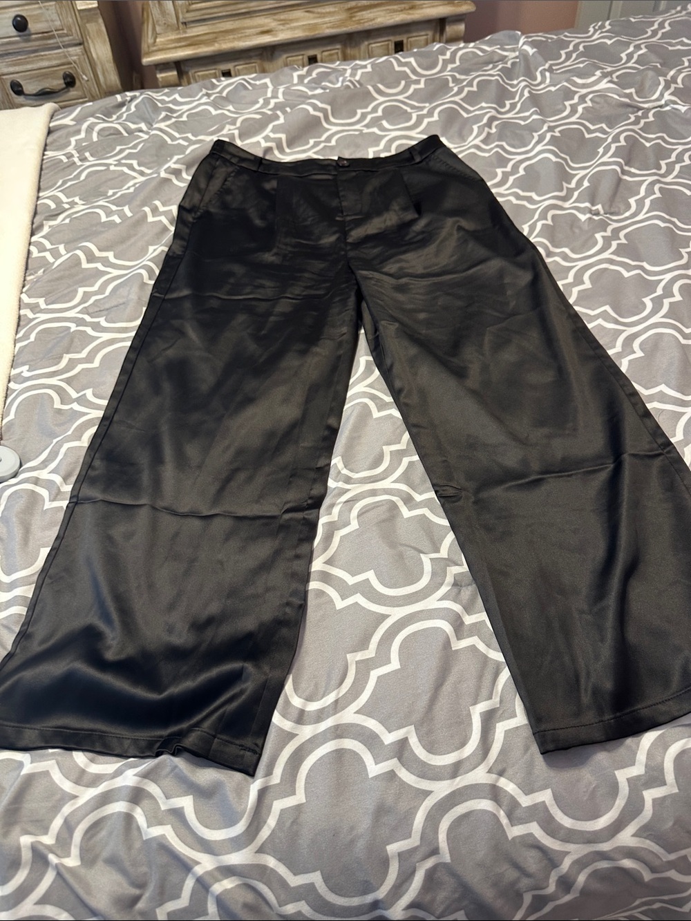 Wide-Leg Satin Black Women's Pants